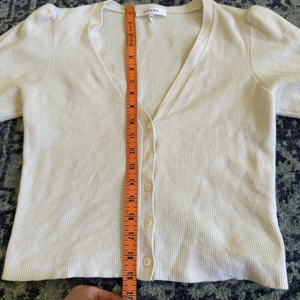 FLAWED FRAME Cropped White Ribbed Puff Sleeve Knit Cardigan Pullover- Size M - Picture 11 of 12